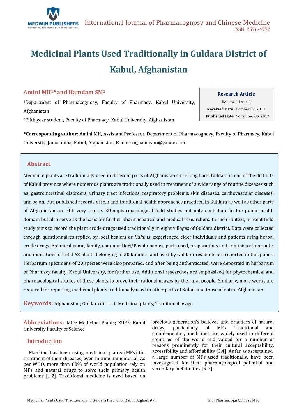 Medicinal Plants Used Traditionally in Guldara District of Kabul, Afghanistan