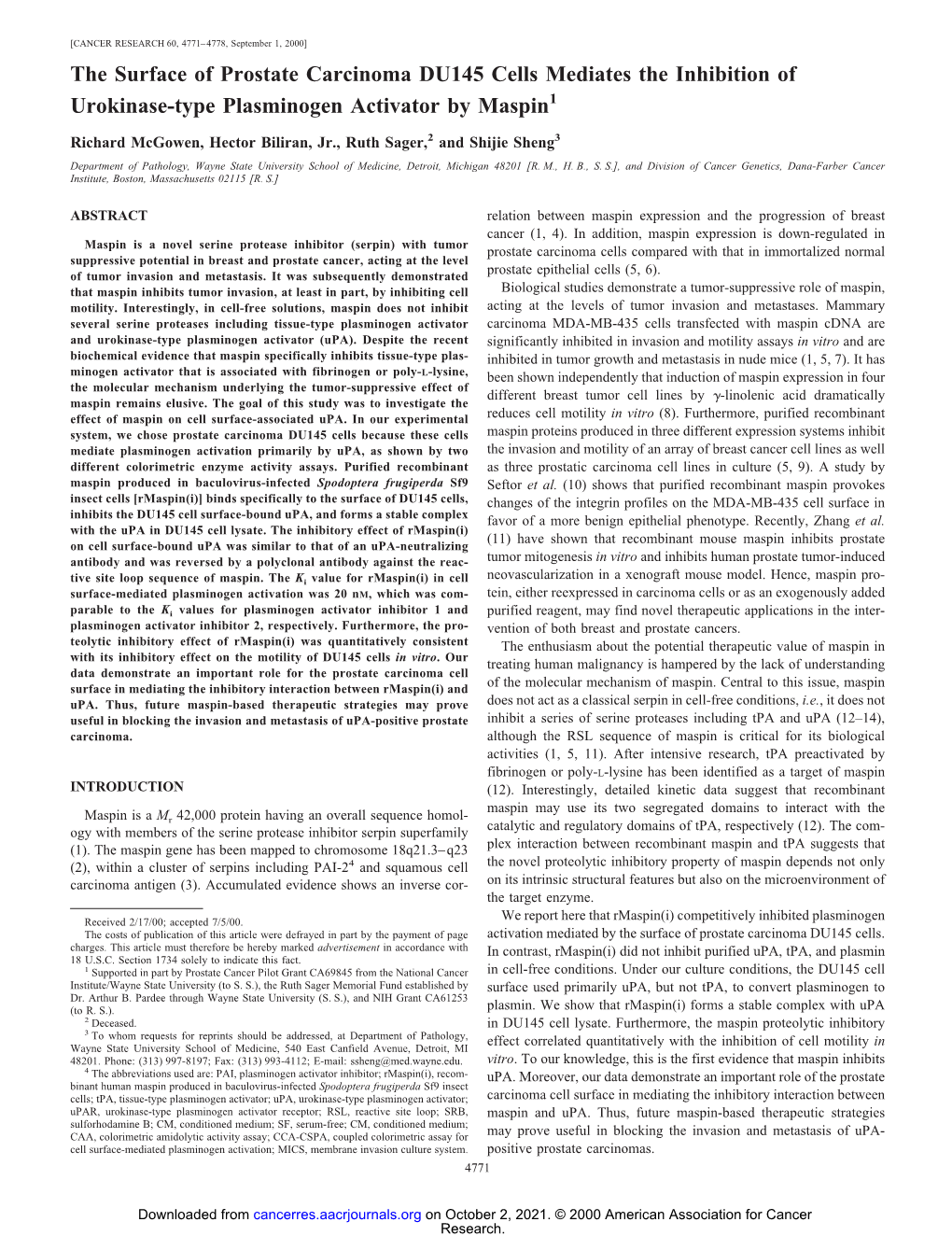 The Surface of Prostate Carcinoma DU145 Cells Mediates the Inhibition of Urokinase-Type Plasminogen Activator by Maspin1