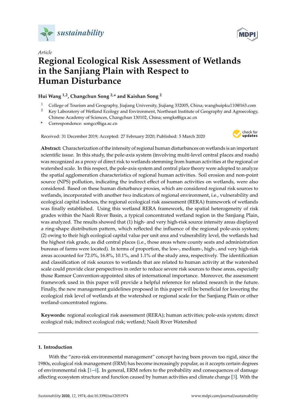 Regional Ecological Risk Assessment of Wetlands in the Sanjiang Plain with Respect to Human Disturbance