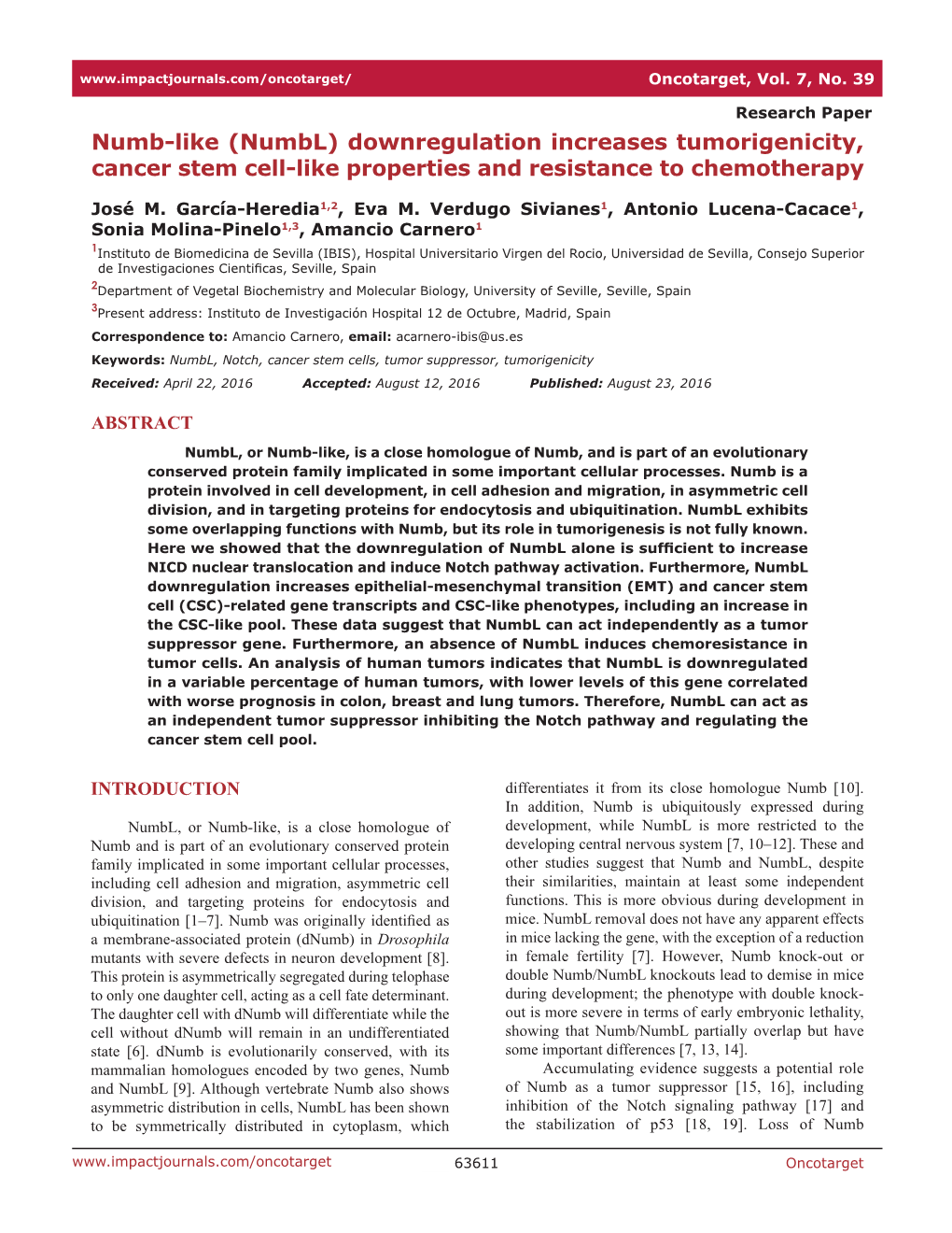 (Numbl) Downregulation Increases Tumorigenicity, Cancer Stem Cell-Like Properties and Resistance to Chemotherapy