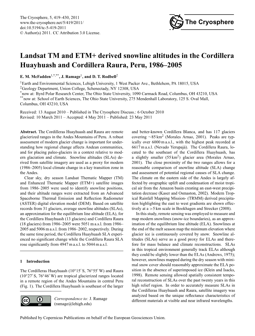 Landsat TM and ETM+ Derived Snowline Altitudes in the Cordillera Huayhuash and Cordillera Raura, Peru, 1986–2005