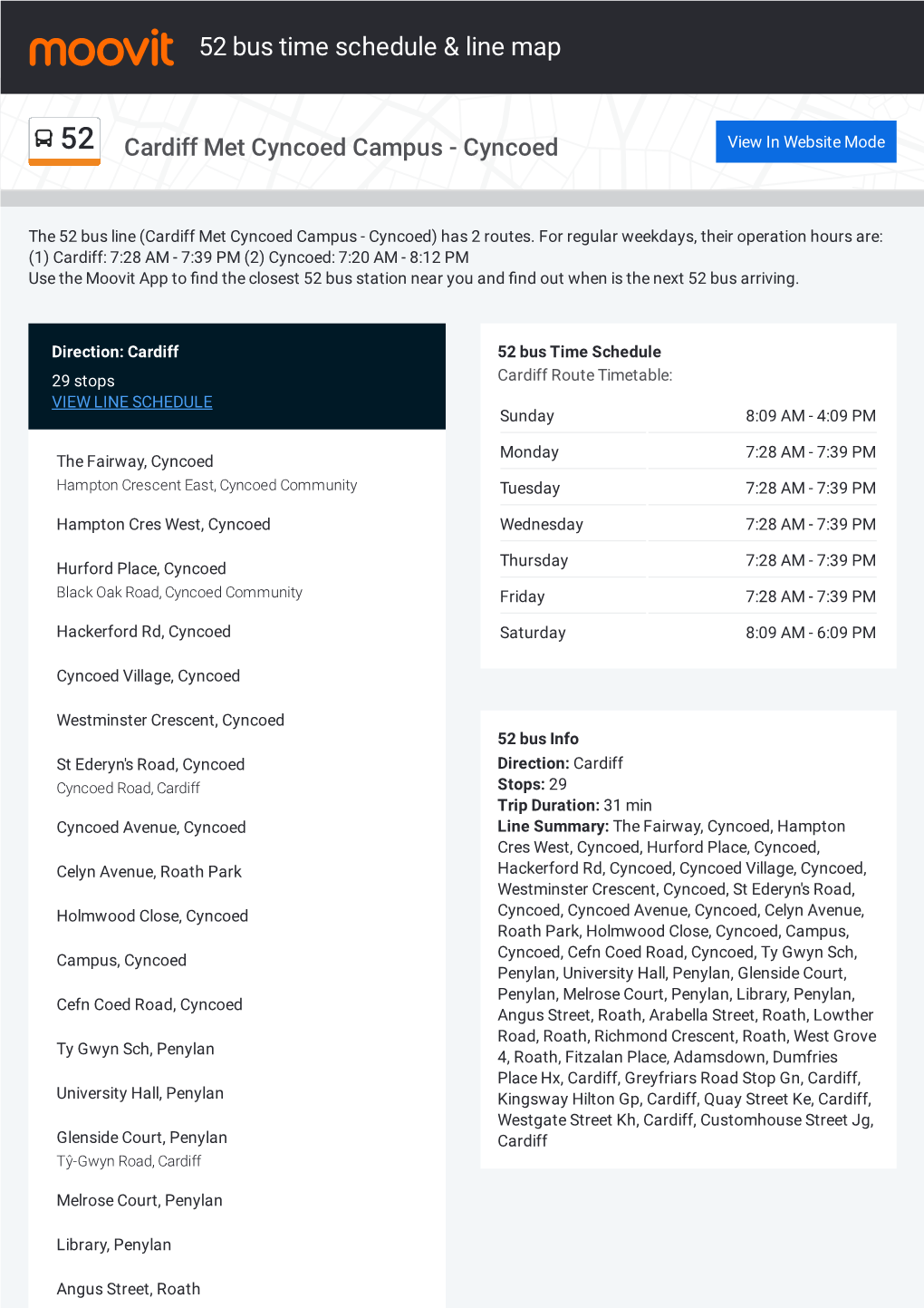 52 Bus Time Schedule & Line Route