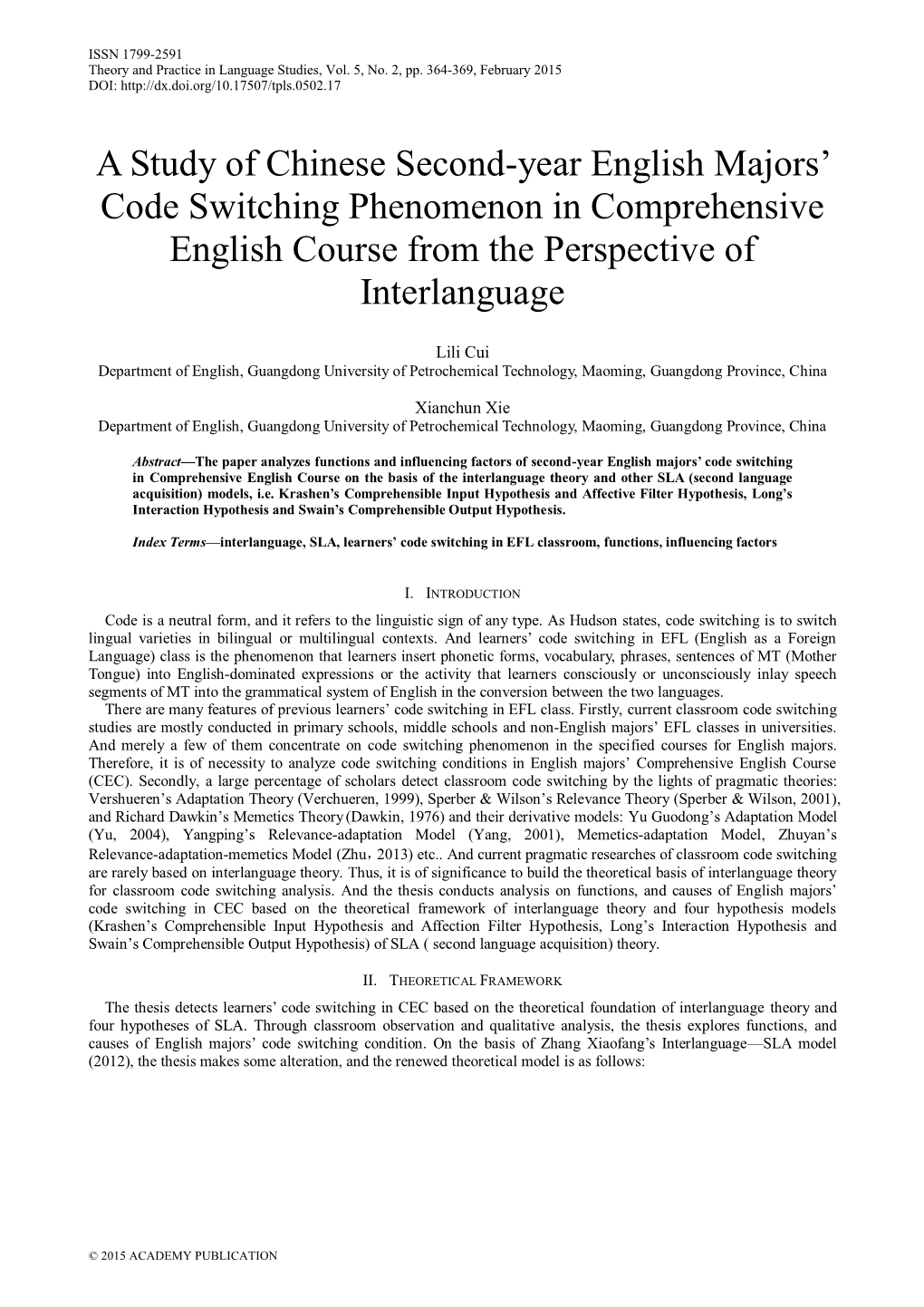 A Study of Chinese Second-Year English Majors' Code Switching