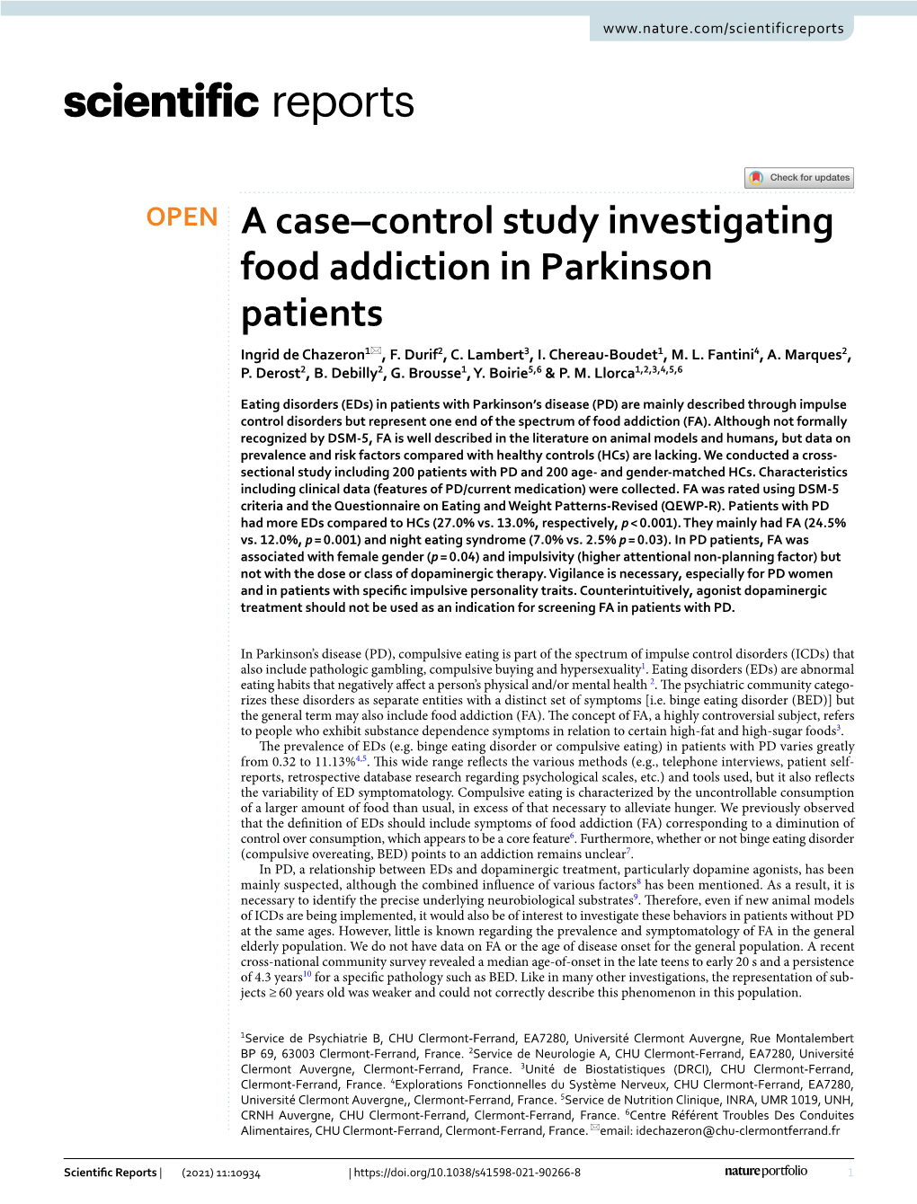 A Case–Control Study Investigating Food Addiction in Parkinson Patients Ingrid De Chazeron1*, F