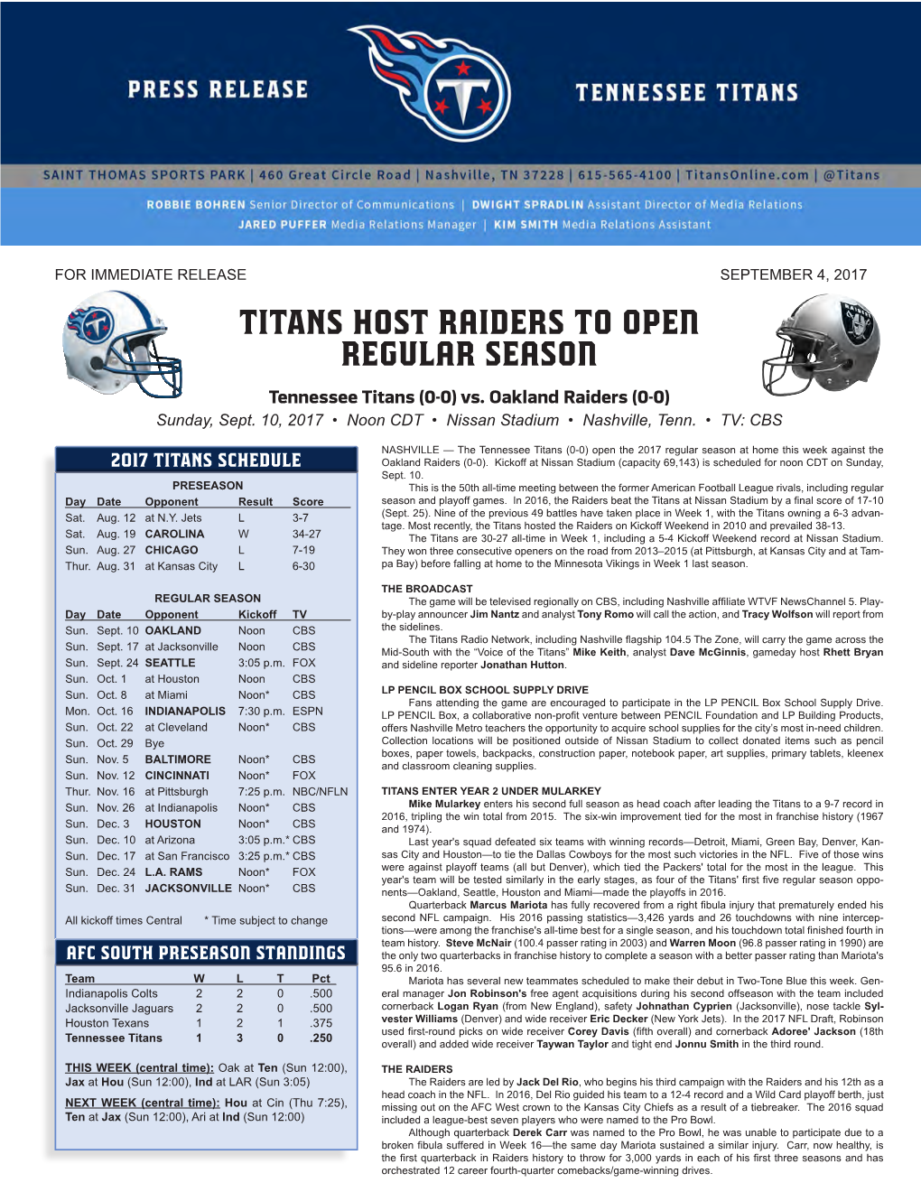 TITANS Host Raiders to Open Regular Season Tennessee Titans (0-0) Vs