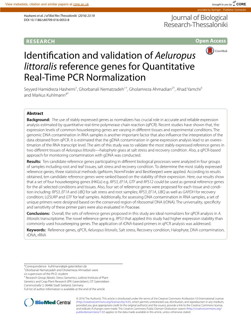 Identification and Validation of Aeluropus Littoralis Reference Genes