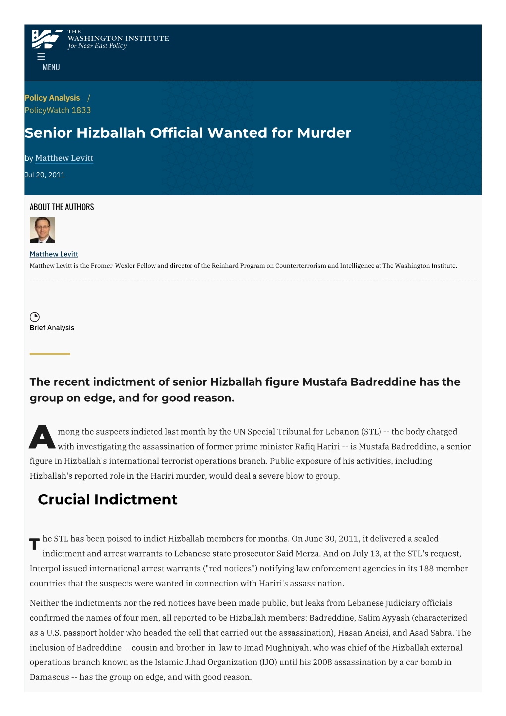 Senior Hizballah Official Wanted for Murder | the Washington Institute