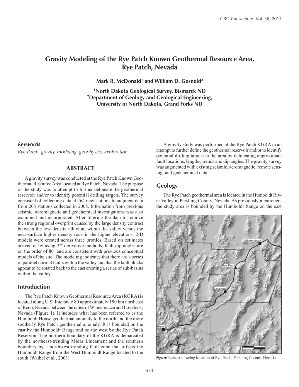 Gravity Modeling of the Rye Patch Known Geothermal Resource Area, Rye Patch, Nevada