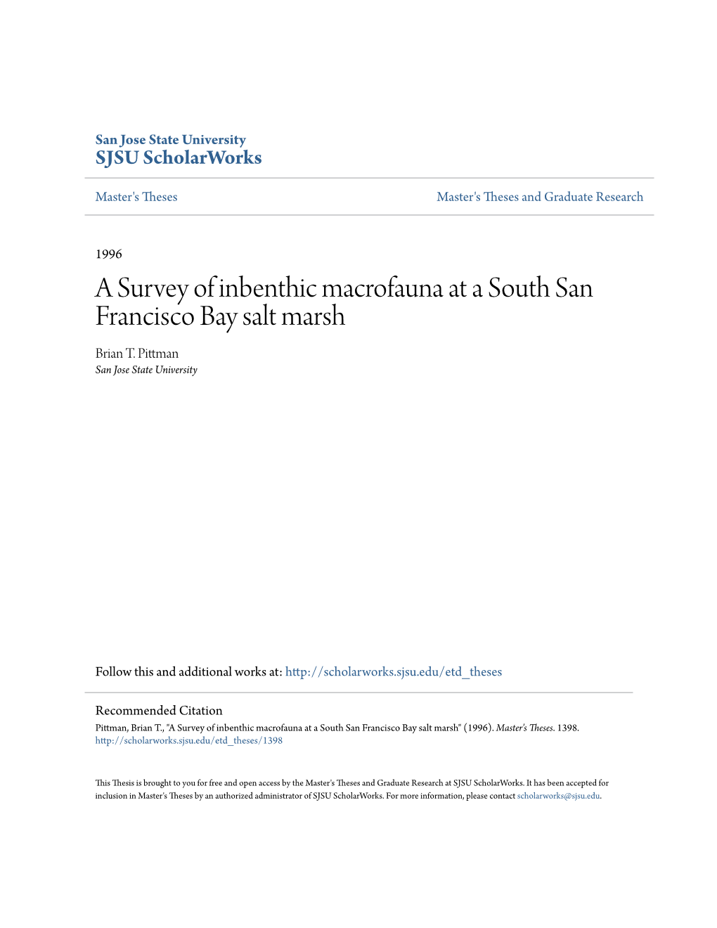 A Survey of Inbenthic Macrofauna at a South San Francisco Bay Salt Marsh Brian T
