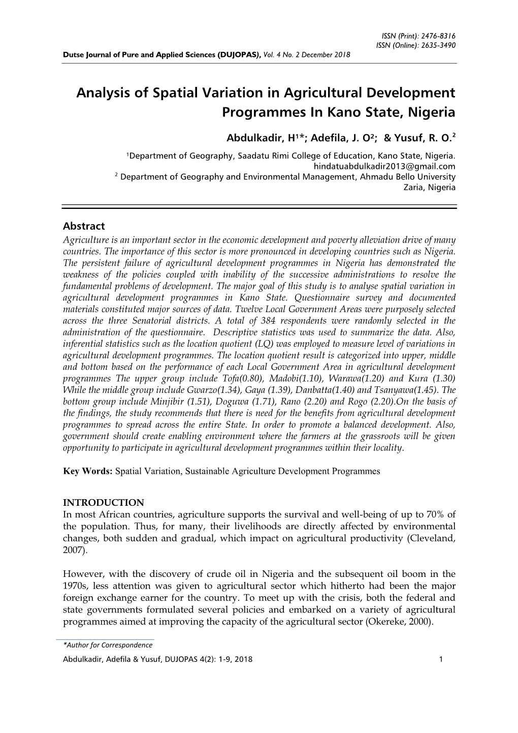 Analysis of Spatial Variation in Agricultural Development Programmes in Kano State, Nigeria