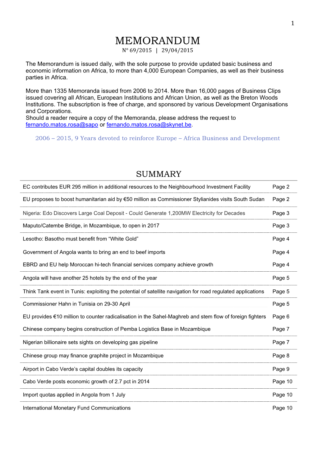 Memorandum N° 69/2015 | 29/04/2015