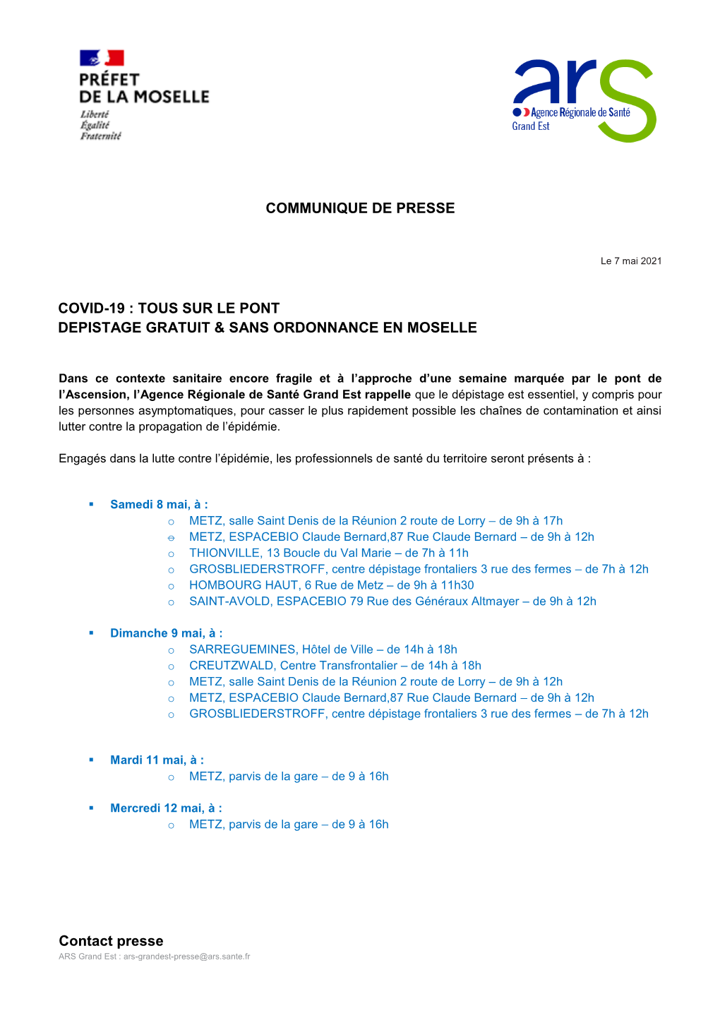 Contact Presse COMMUNIQUE DE PRESSE COVID-19 : TOUS SUR