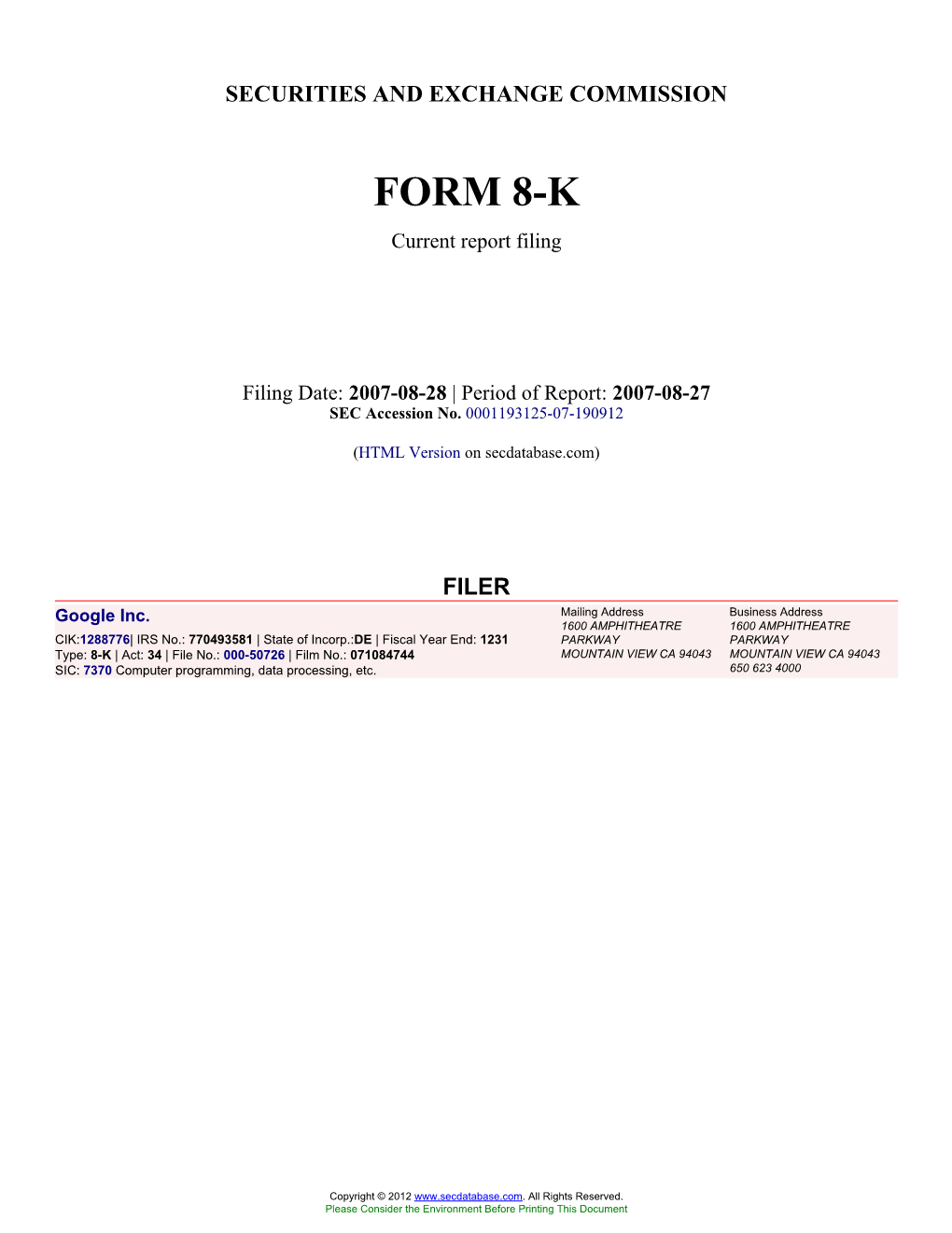 Google Inc. (Form: 8-K, Filing Date: 08/28/2007)
