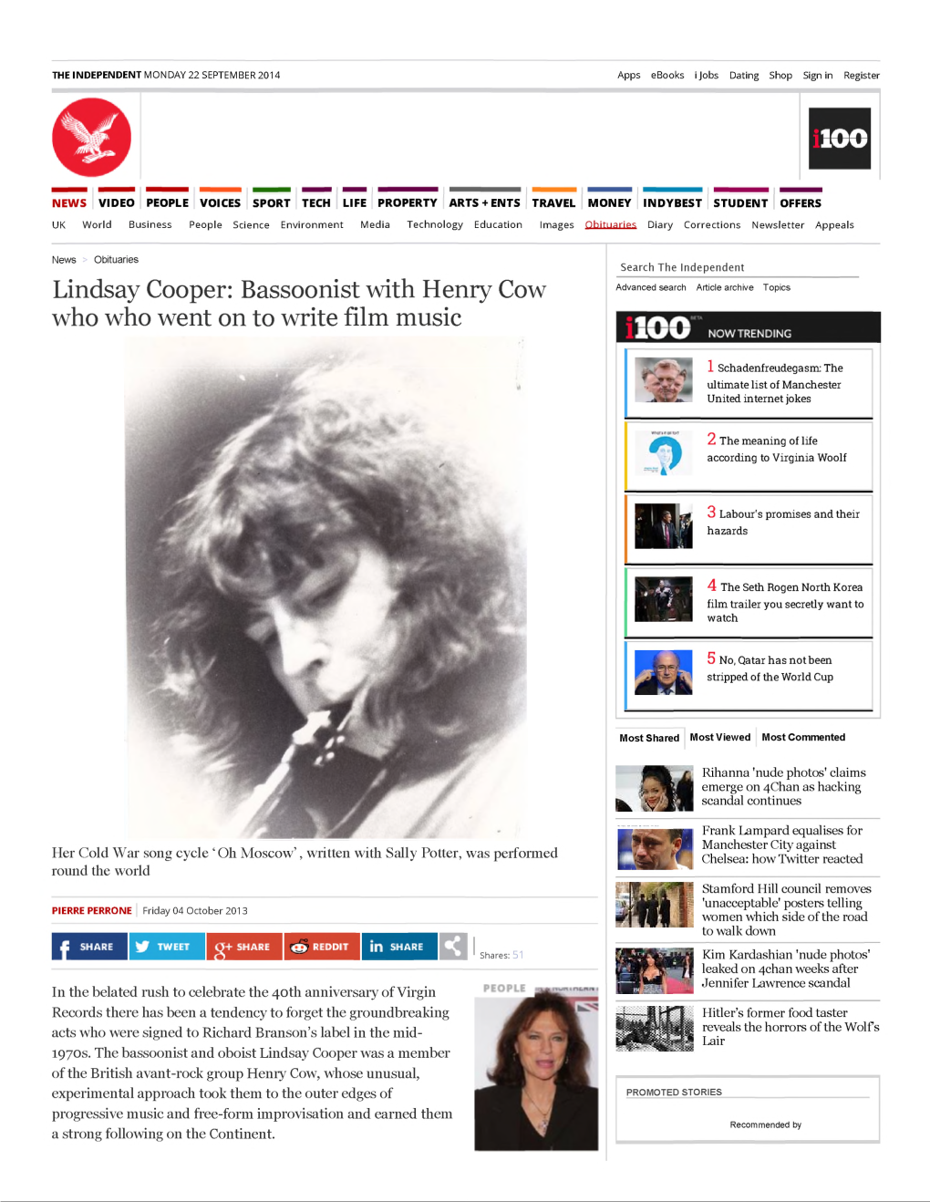 Lindsay Cooper: Bassoonist with Henry Cow Advanced Search Article Archive Topics Who Who Went on to Write Film Music 100 NOW TRENDING