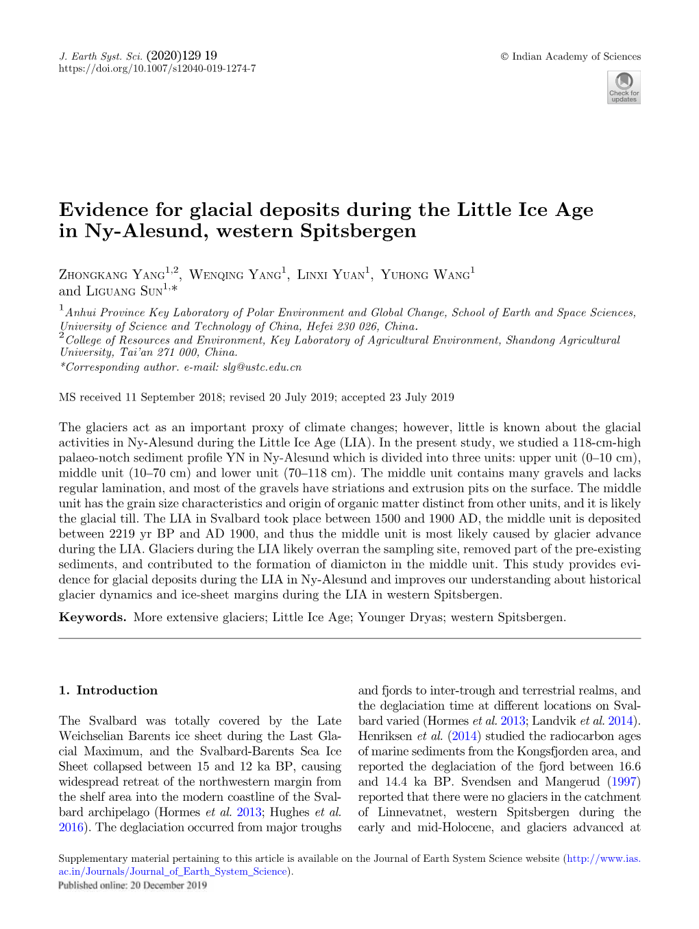 Evidence for Glacial Deposits During the Little Ice Age in Ny-Alesund, Western Spitsbergen