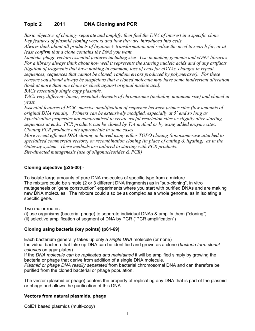 Topic 2 2011 DNA Cloning and PCR