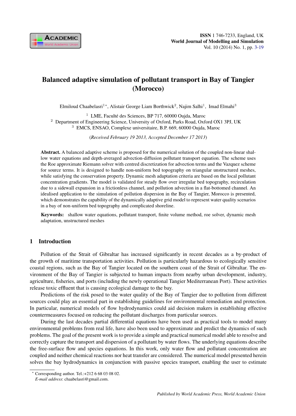 Balanced Adaptive Simulation of Pollutant Transport in Bay of Tangier (Morocco)