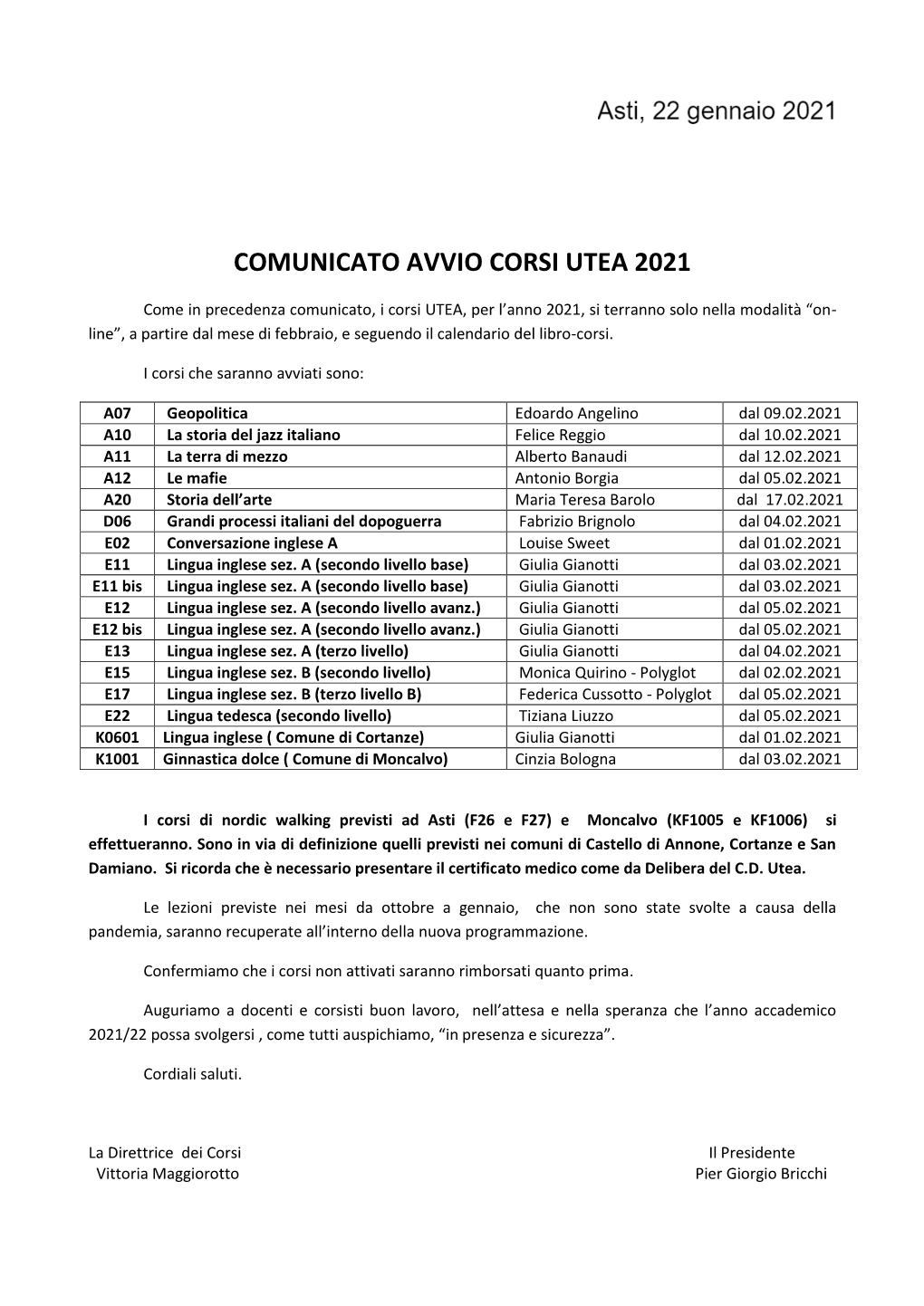 Comunicato Avvio Corsi Utea 2021