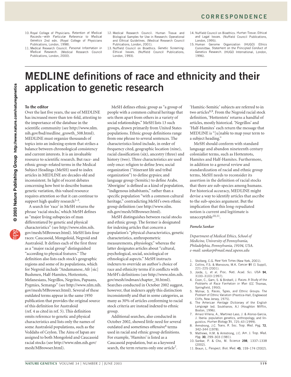 MEDLINE Definitions of Race and Ethnicity and Their Application to Genetic Research