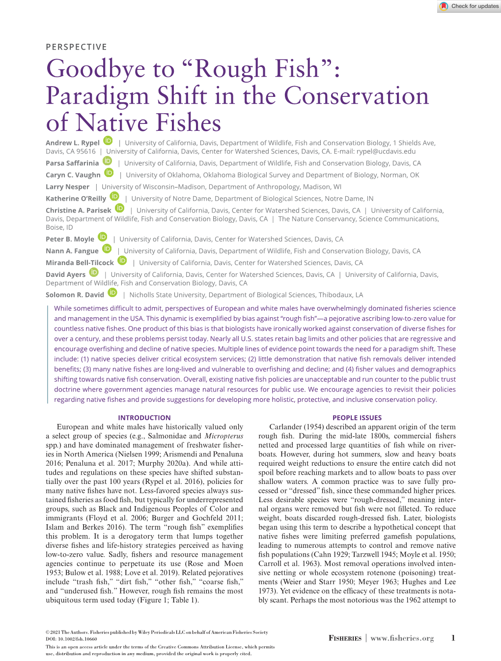 Rough Fish”: Paradigm Shift in the Conservation of Native Fishes Andrew L