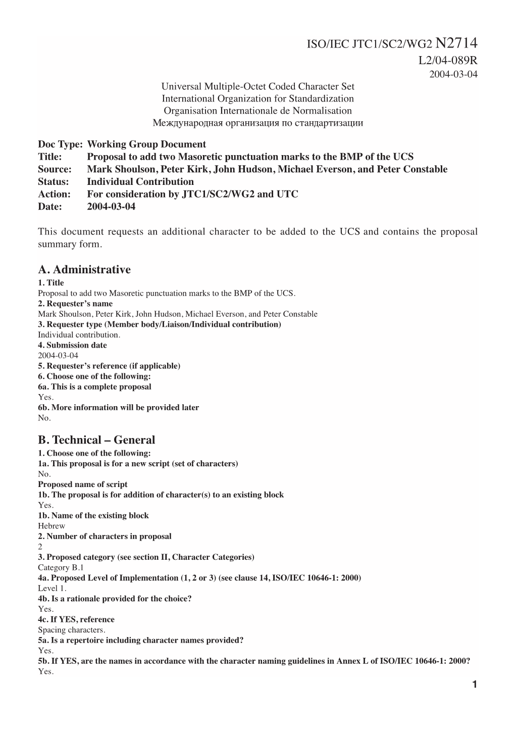 ISO/IEC JTC1/SC2/WG2 N2714 L2/04-089R A. Administrative B