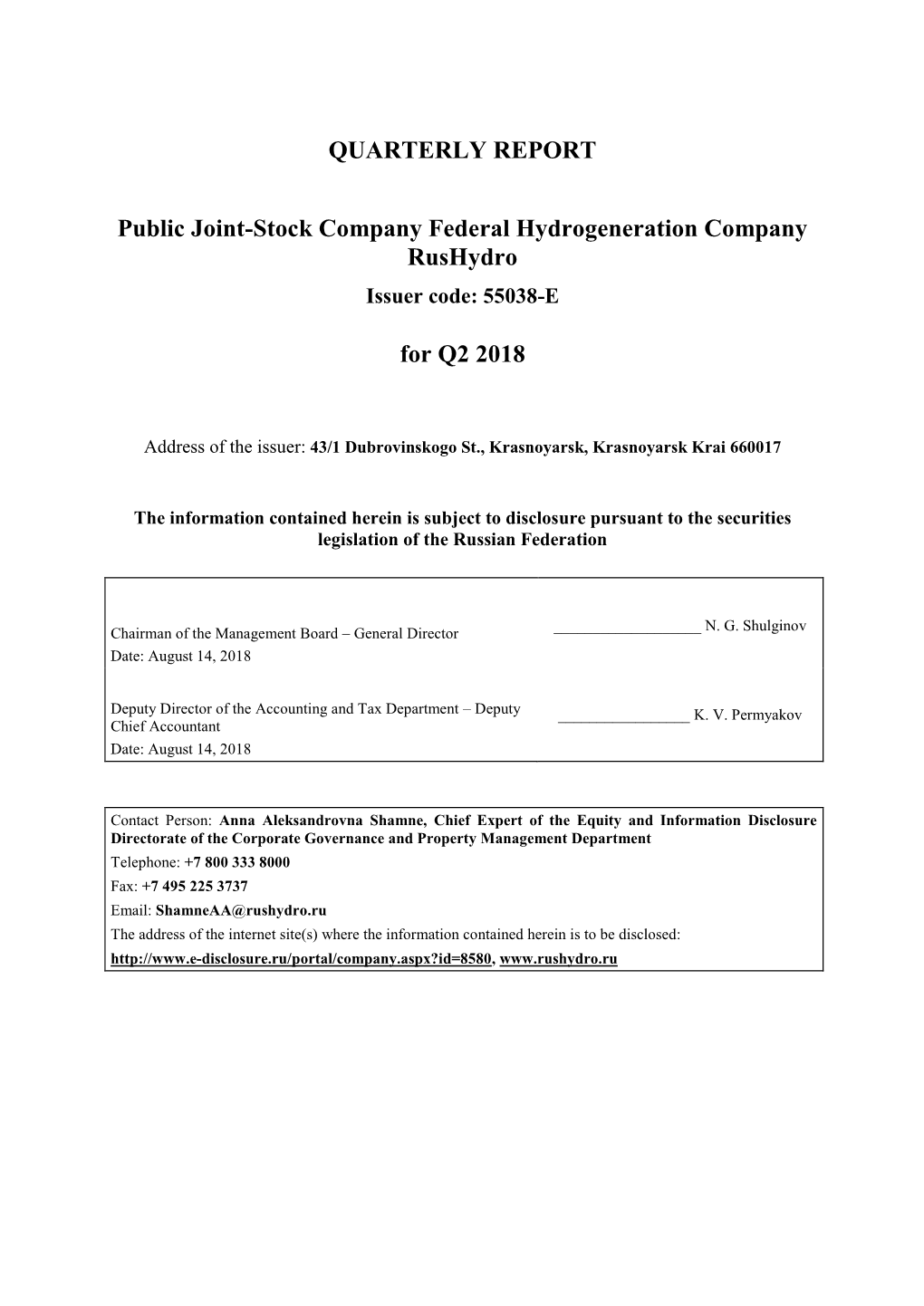 QUARTERLY REPORT Public Joint-Stock Company Federal