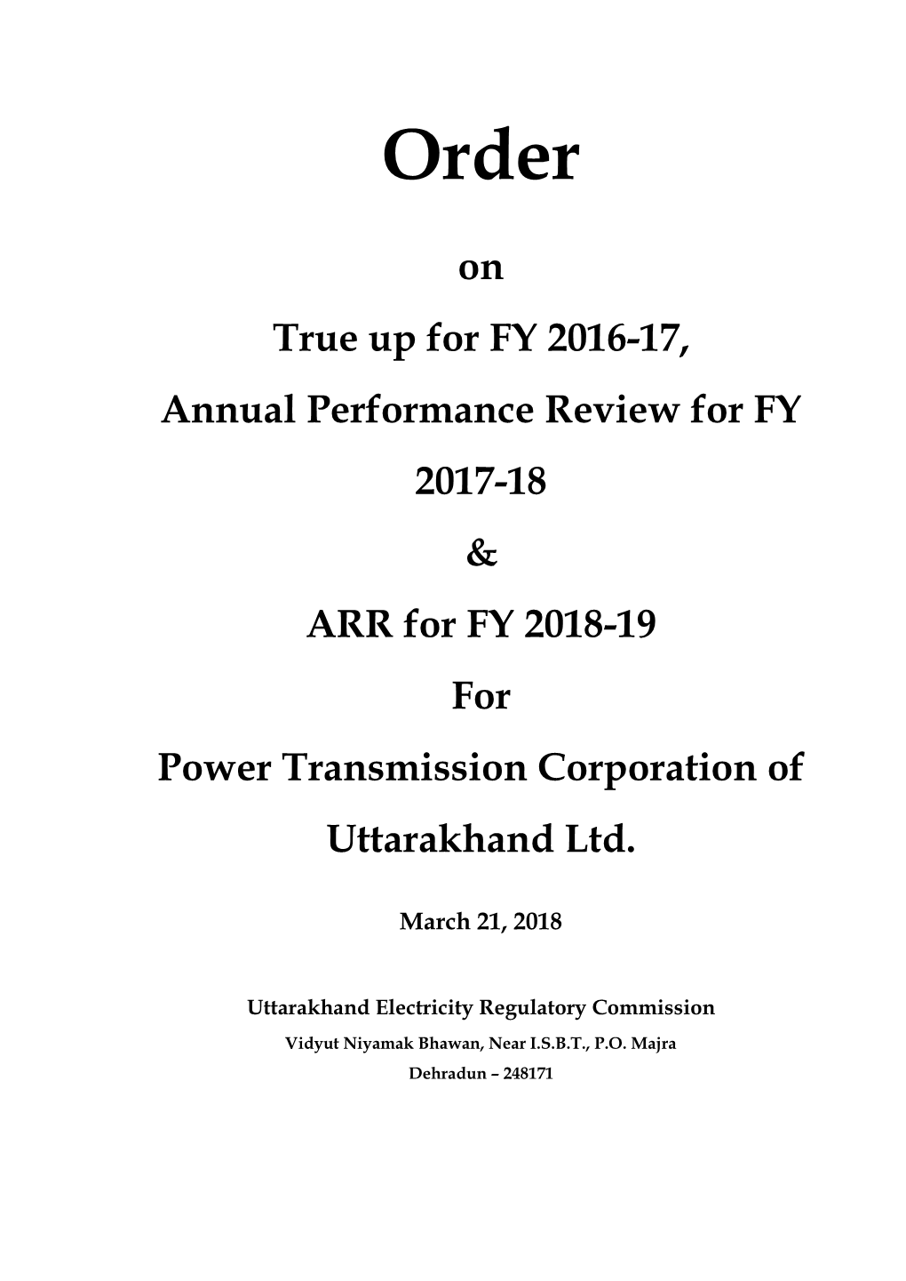 Tariff Orders for FY 2018-19