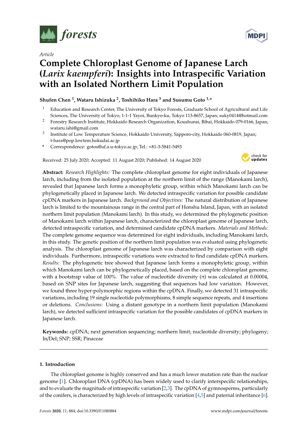 Complete Chloroplast Genome of Japanese Larch (Larix Kaempferi): Insights Into Intraspeciﬁc Variation with an Isolated Northern Limit Population