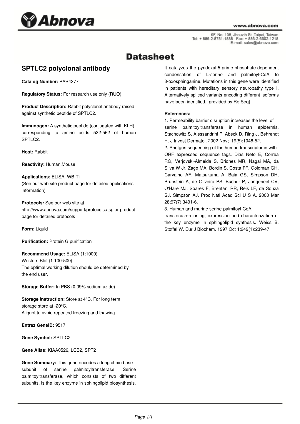 SPTLC2 Polyclonal Antibody