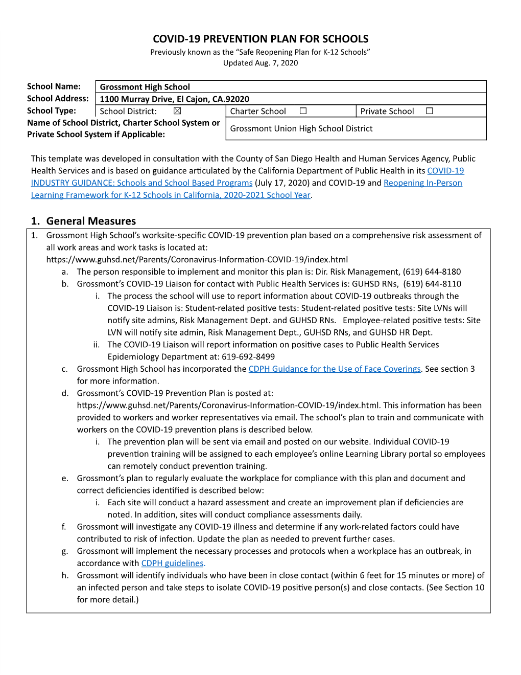 PREVENTION PLAN for SCHOOLS Previously Known As the “Safe Reopening Plan for K-12 Schools” Updated Aug