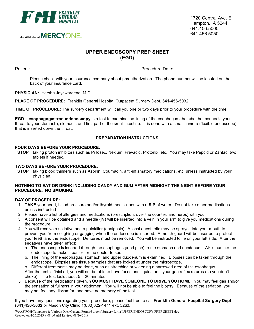 Upper Endoscopy Prep Sheet (Egd)