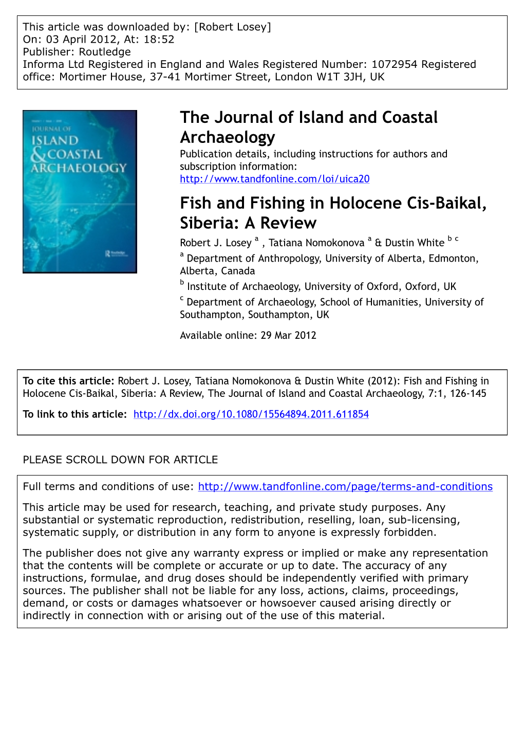 Fish and Fishing in Holocene Cis-Baikal, Siberia: a Review Robert J