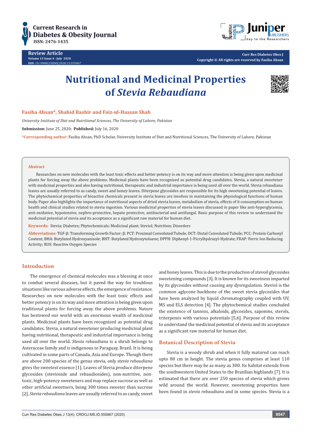 Nutritional and Medicinal Properties of Stevia Rebaudiana