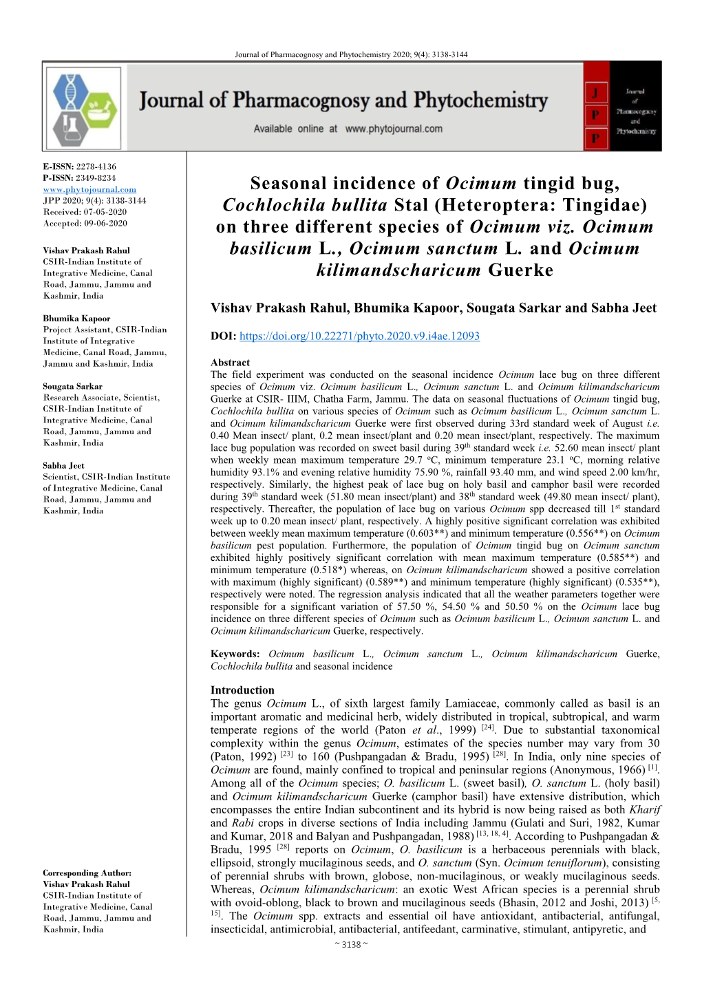 Seasonal Incidence of Ocimum Tingid Bug, Cochlochila Bullita Stal