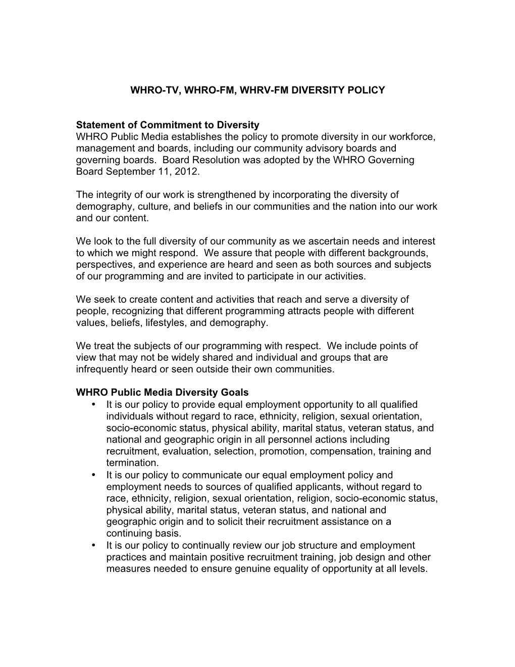 WHRO-TV, WHRO-FM, WHRV Diversity Policy 2014