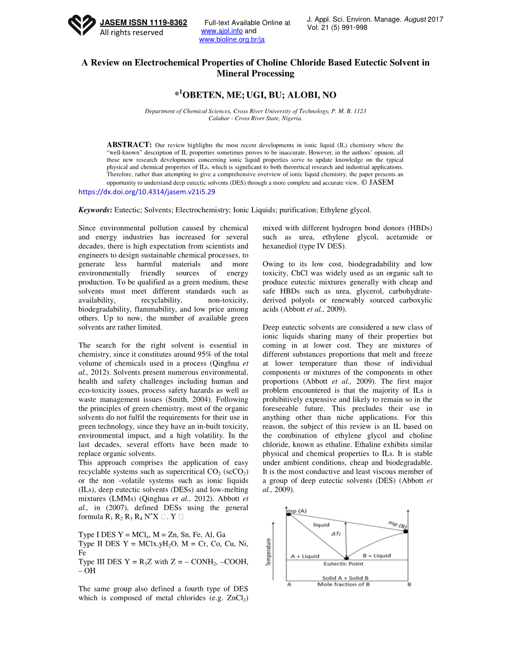 A Review on Electrochemical Properties of Choline Chloride Based Eutectic Solvent in Mineral Processing