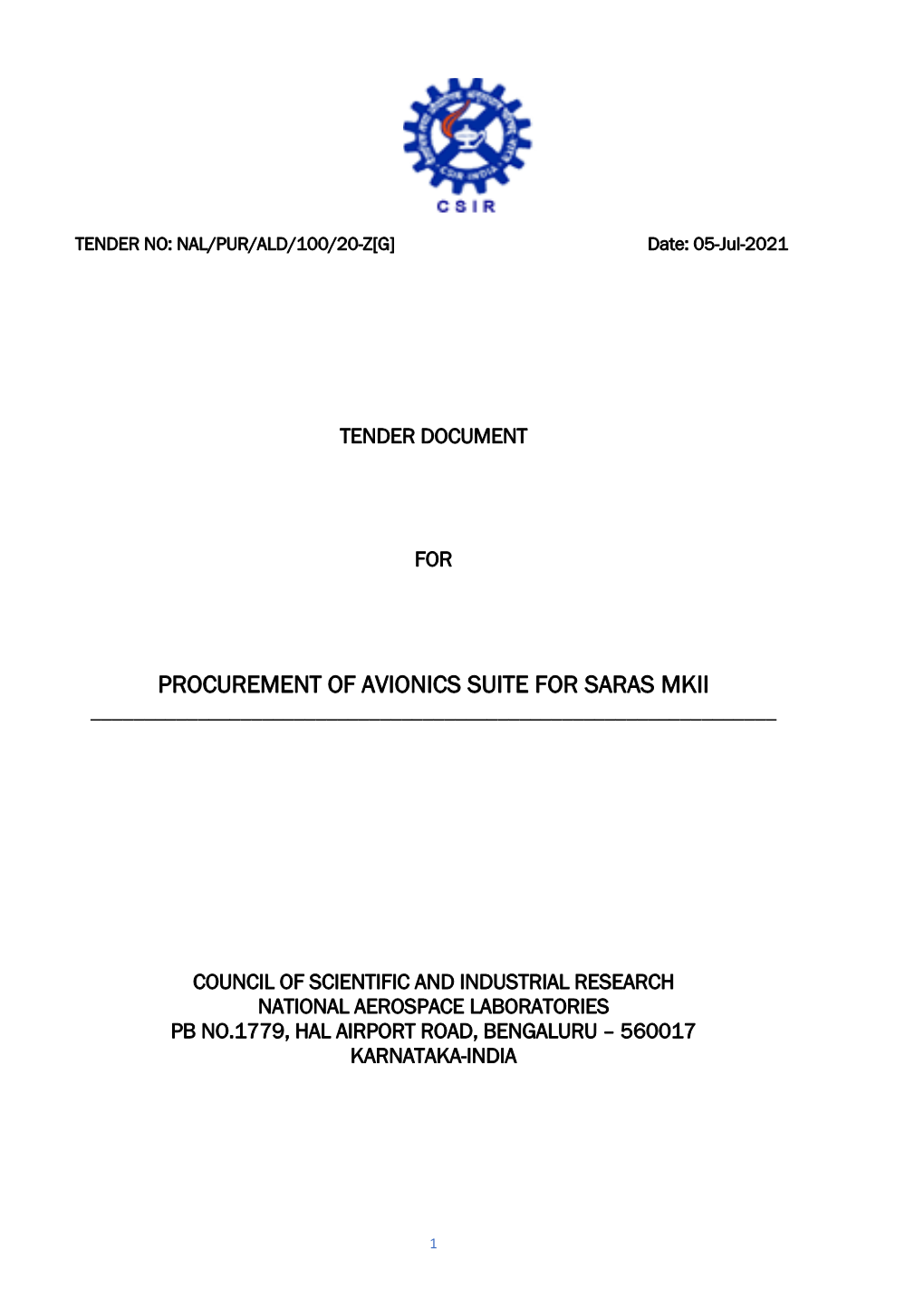 Procurement of Avionics Suite for Saras Mkii ______