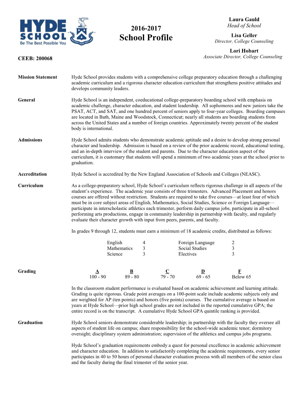 School Profile Director, College Counseling