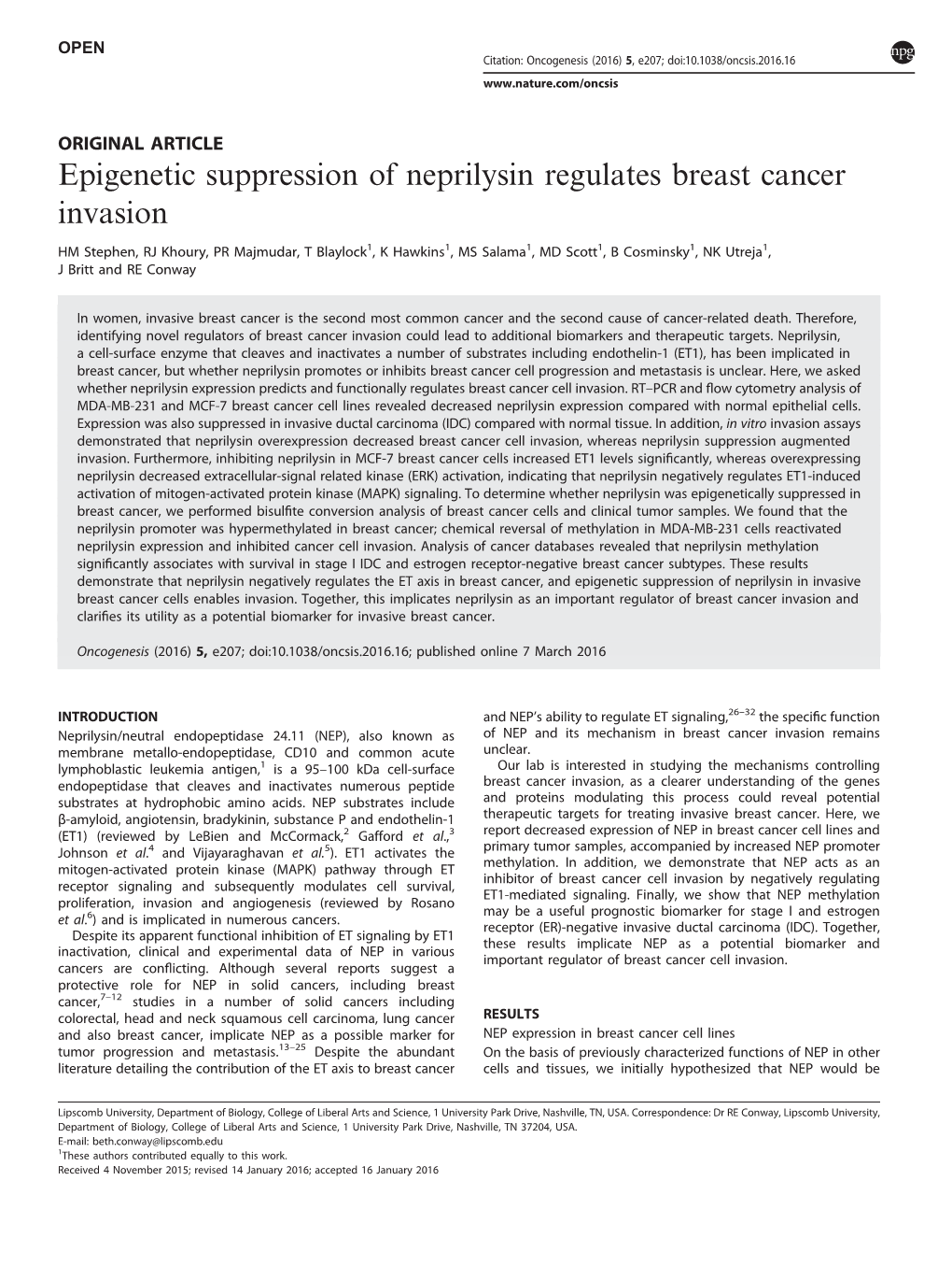 Epigenetic Suppression of Neprilysin Regulates Breast Cancer Invasion