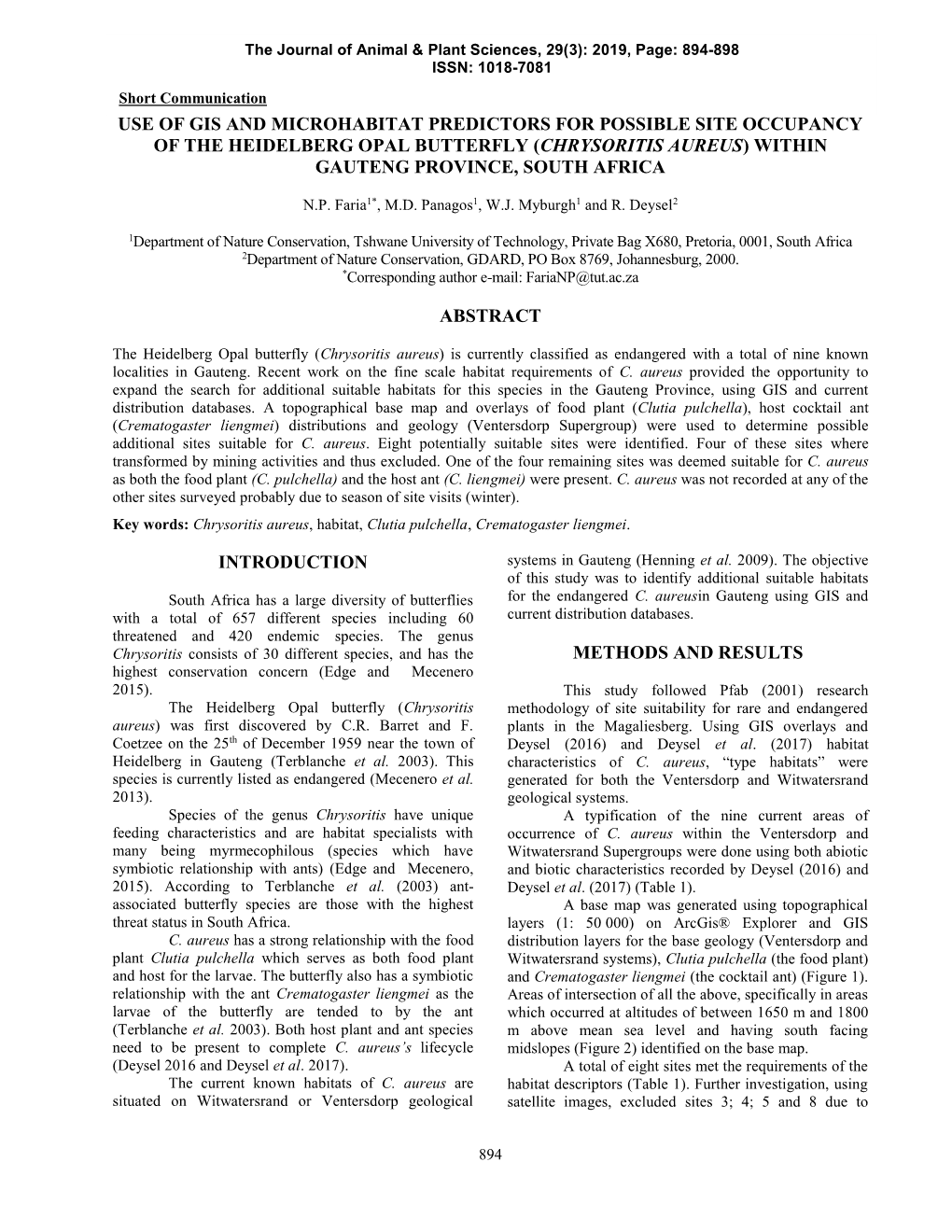 Use of Gis and Microhabitat Predictors for Possible Site Occupancy of the Heidelberg Opal Butterfly (Chrysoritis Aureus) Within Gauteng Province, South Africa