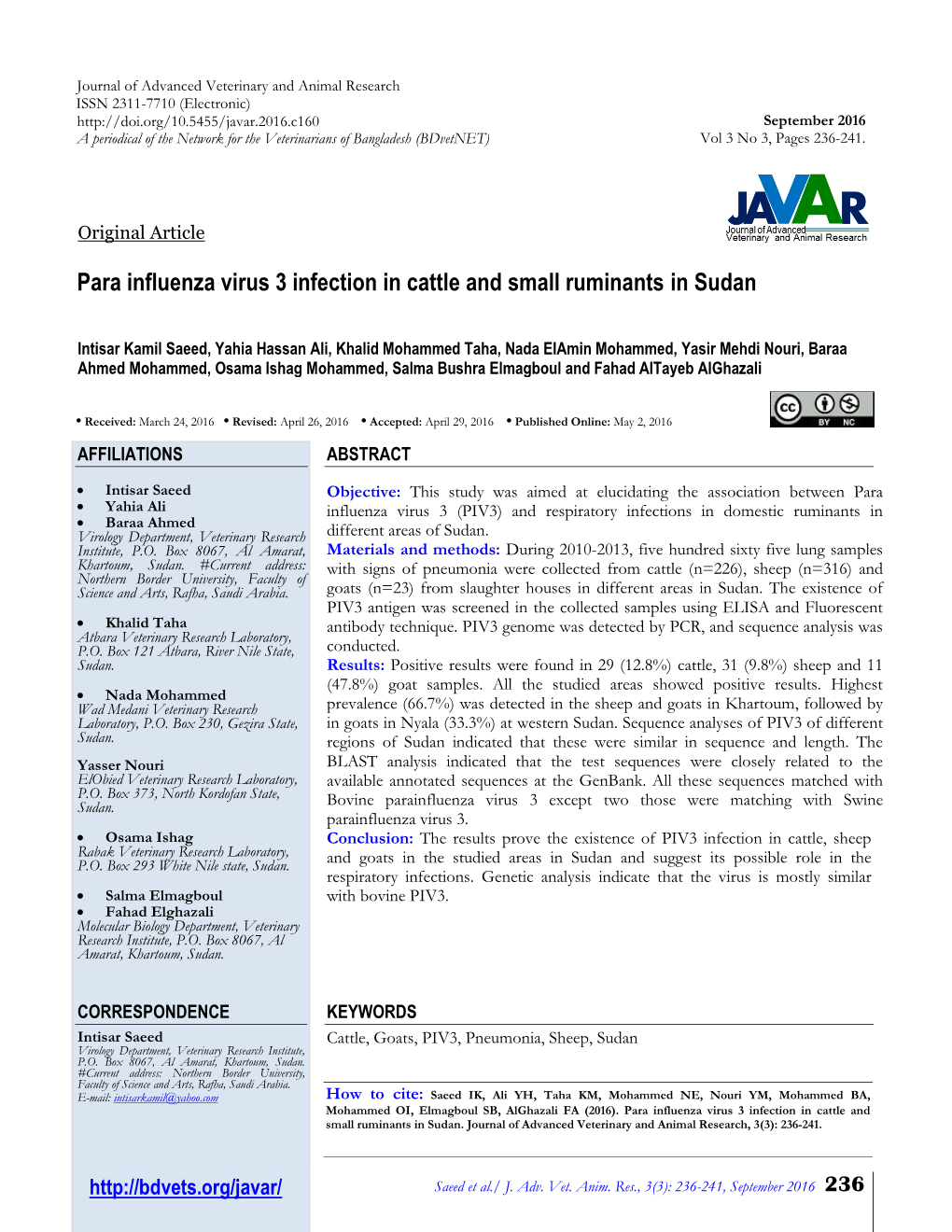 Para Influenza Virus 3 Infection in Cattle and Small Ruminants in Sudan