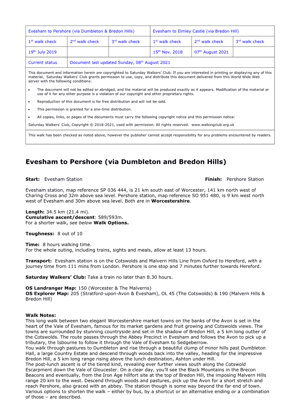 Evesham to Pershore (Via Dumbleton & Bredon Hills) Evesham to Elmley Castle (Via Bredon Hill)