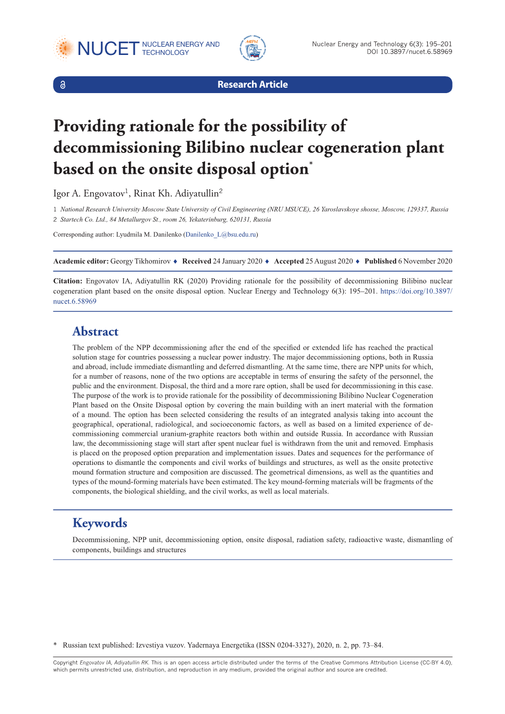 ﻿Providing Rationale for the Possibility of Decommissioning Bilibino