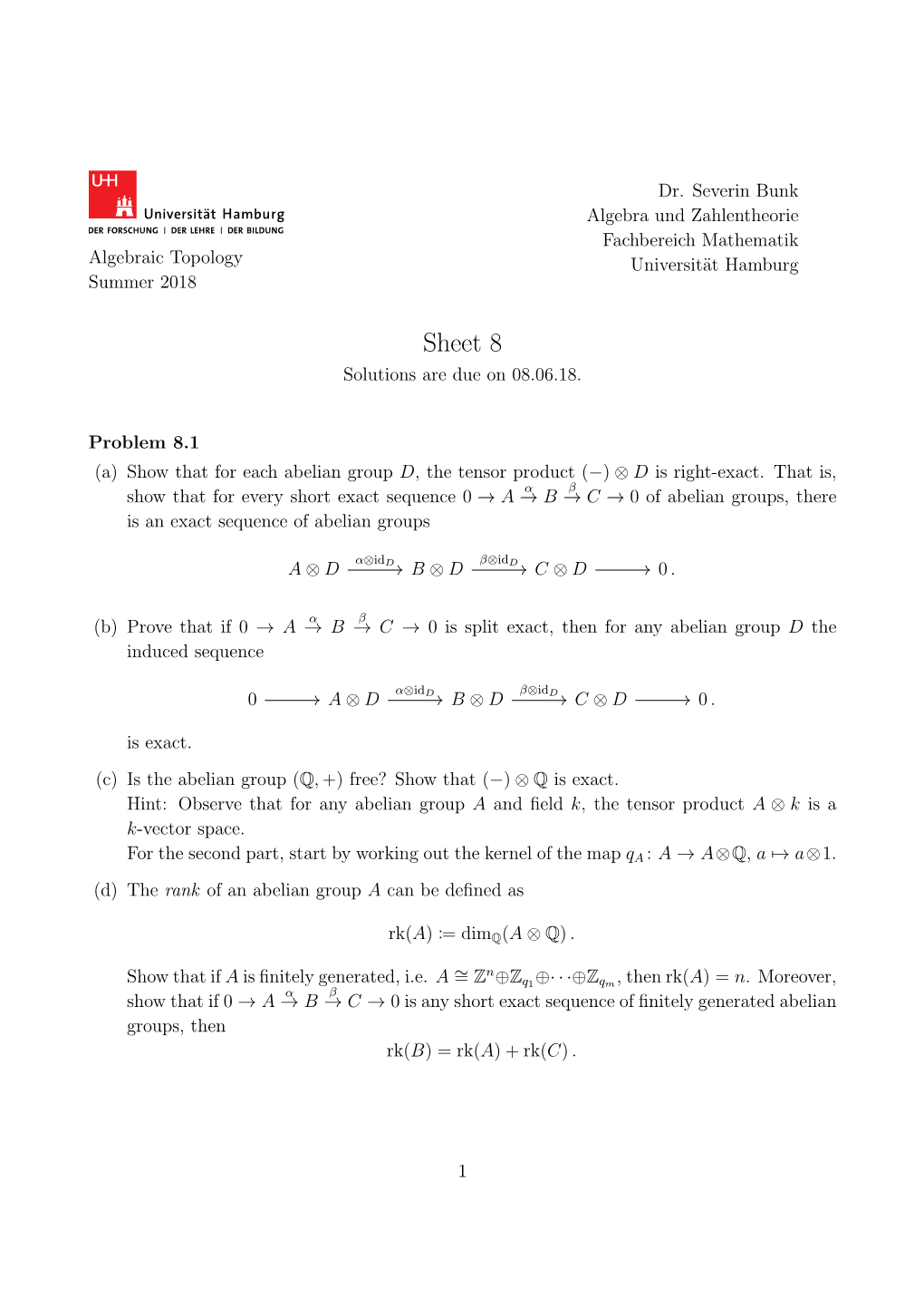 Sheet 8 Solutions Are Due on 08.06.18