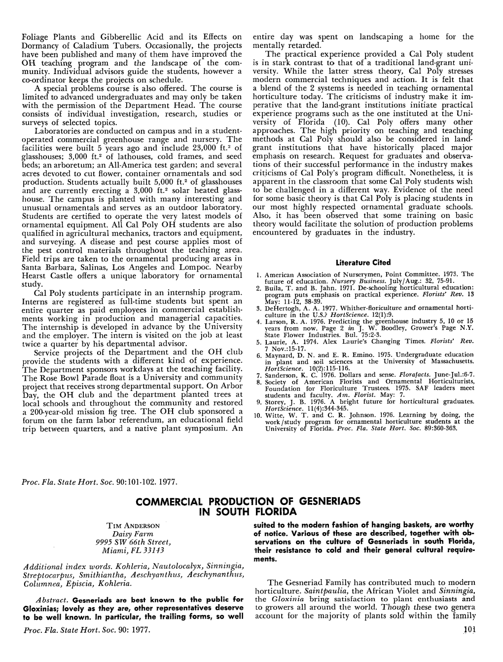 Commercial Production of Gesneriads in South Floridain South