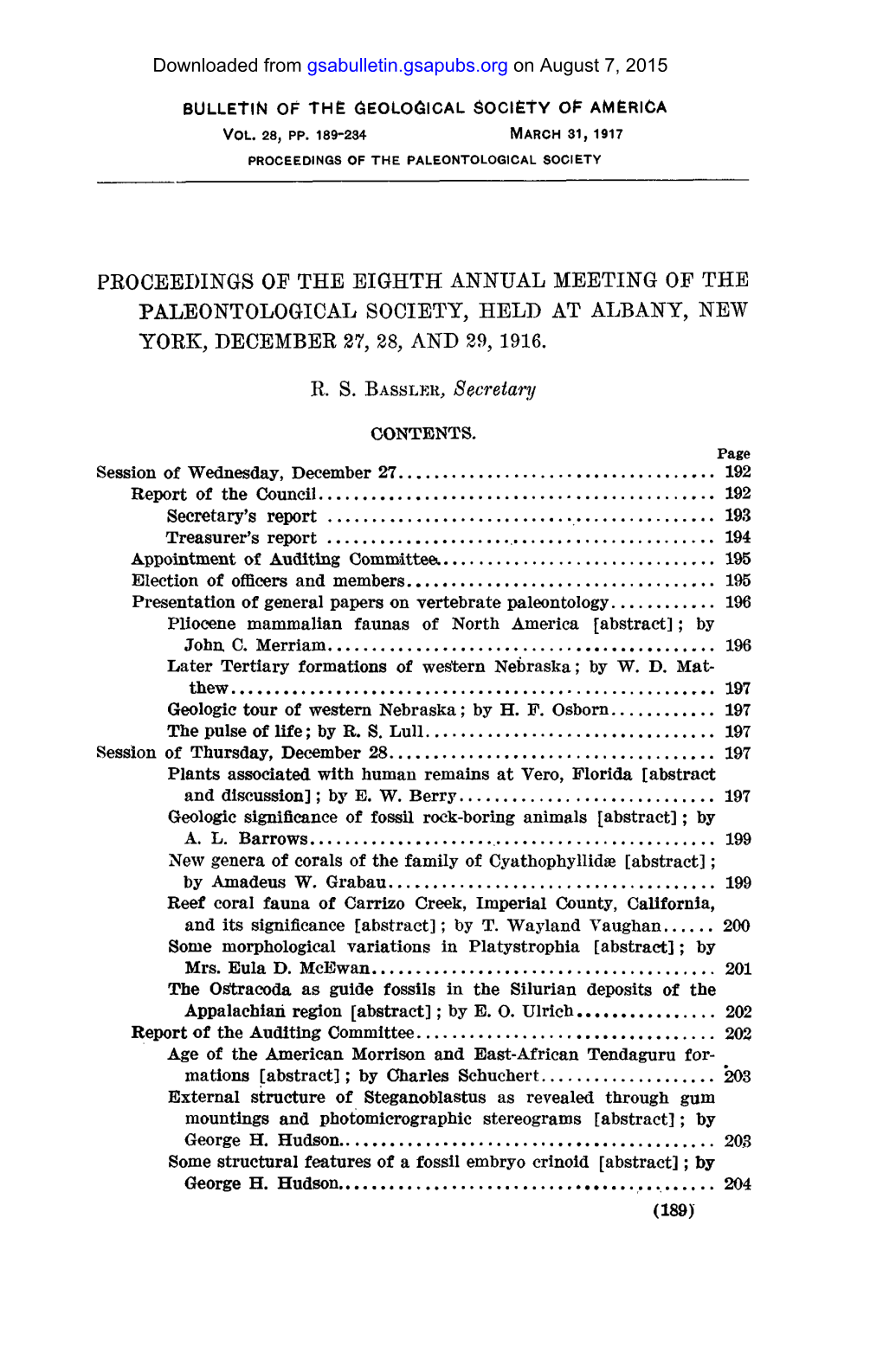 Proceedings Op the Eighth Annual Meeting of the Paleontological Society, Held at Albany, New Yoke, December 27, 28, and 29, 1916
