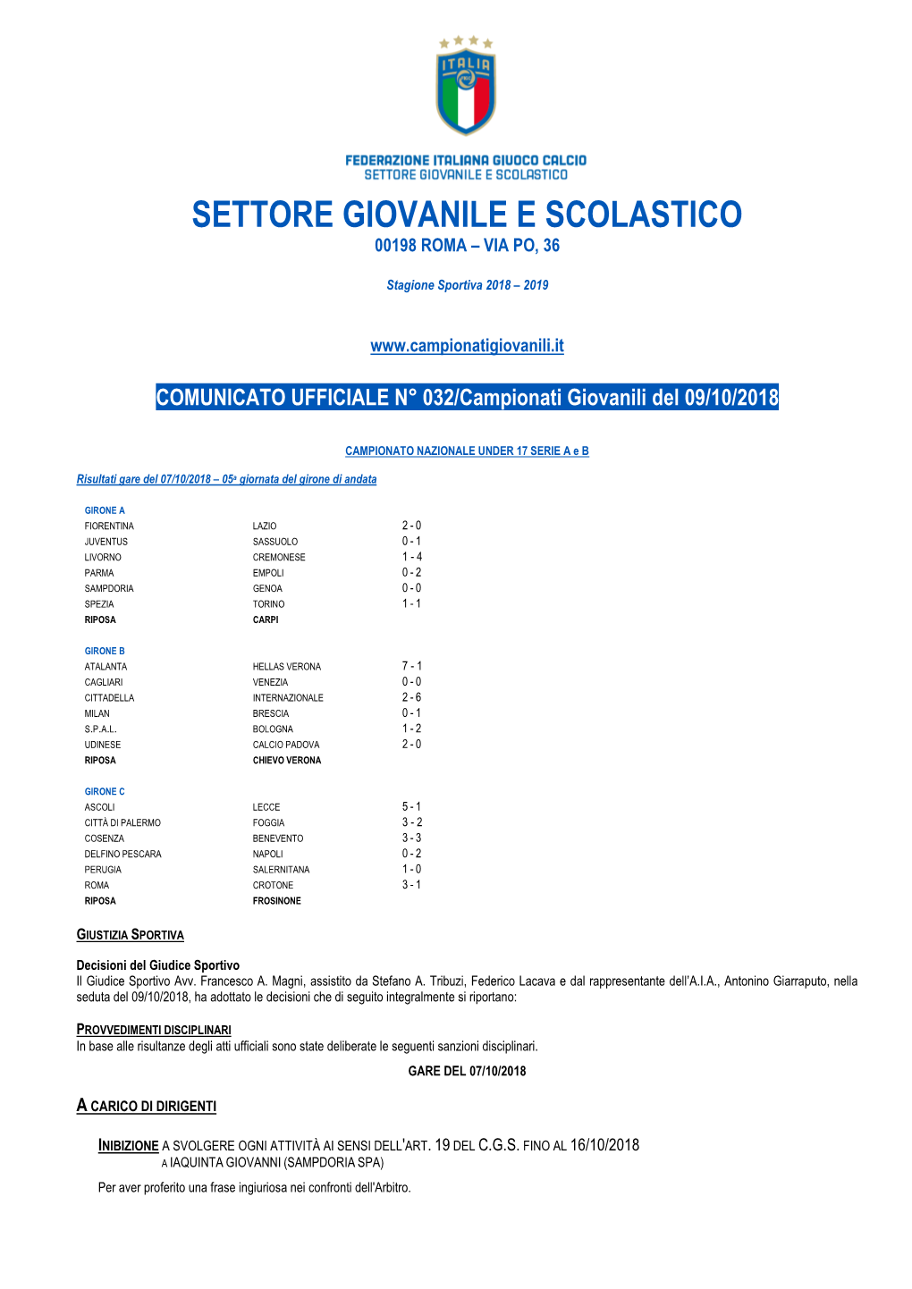 Settore Giovanile E Scolastico 00198 Roma – Via Po, 36