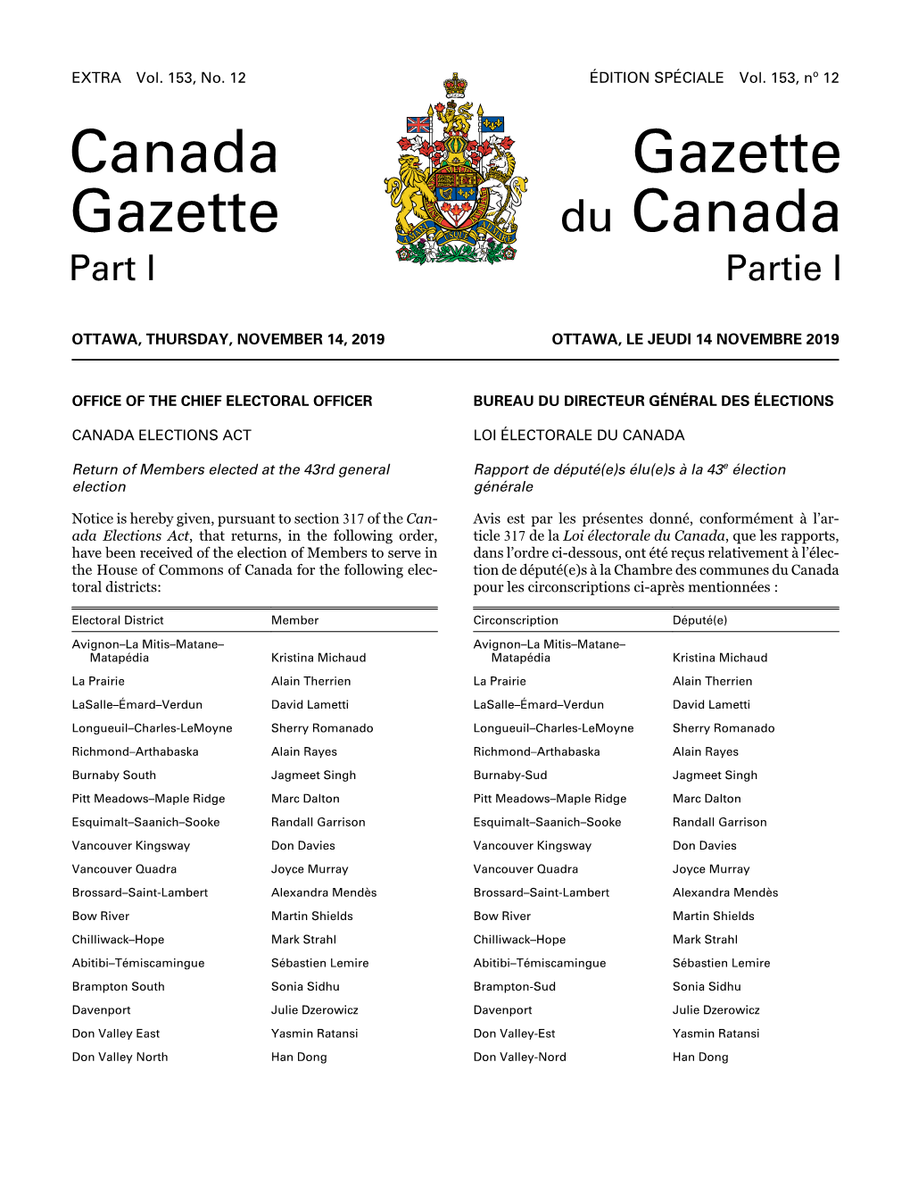 Canada Gazette, Part I