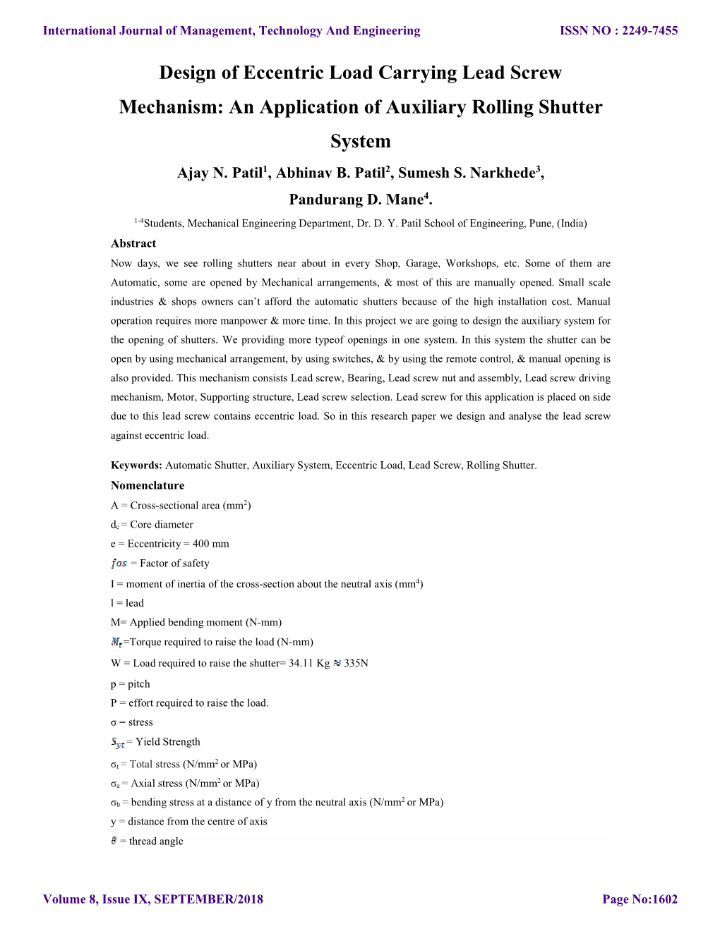 Design of Eccentric Load Carrying Lead Screw Mechanism: an Application of Auxiliary Rolling Shutter System Ajay N