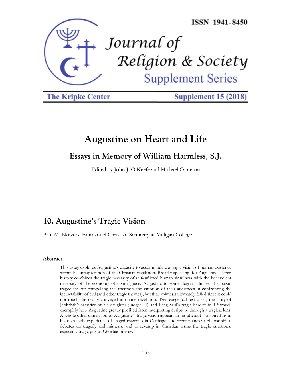 Augustine on Heart and Life Essays in Memory of William Harmless, S.J